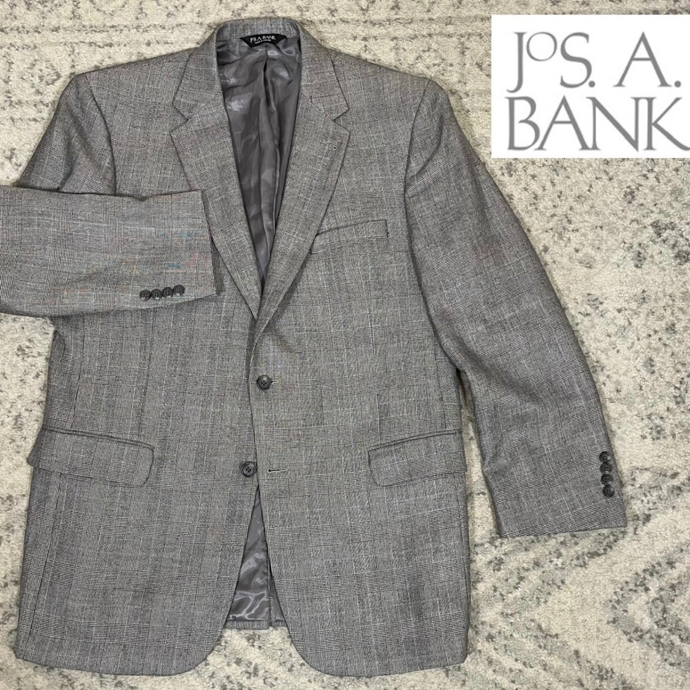 Jos. A. Bank Signature Blazer 44L Grey Silk Camel Hair Glen Plaid Sport Coat